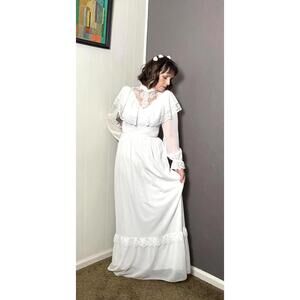 Vintage 1970's Cream Chiffon Prairie Dress size S/M Gunne Style Dress Edwardian